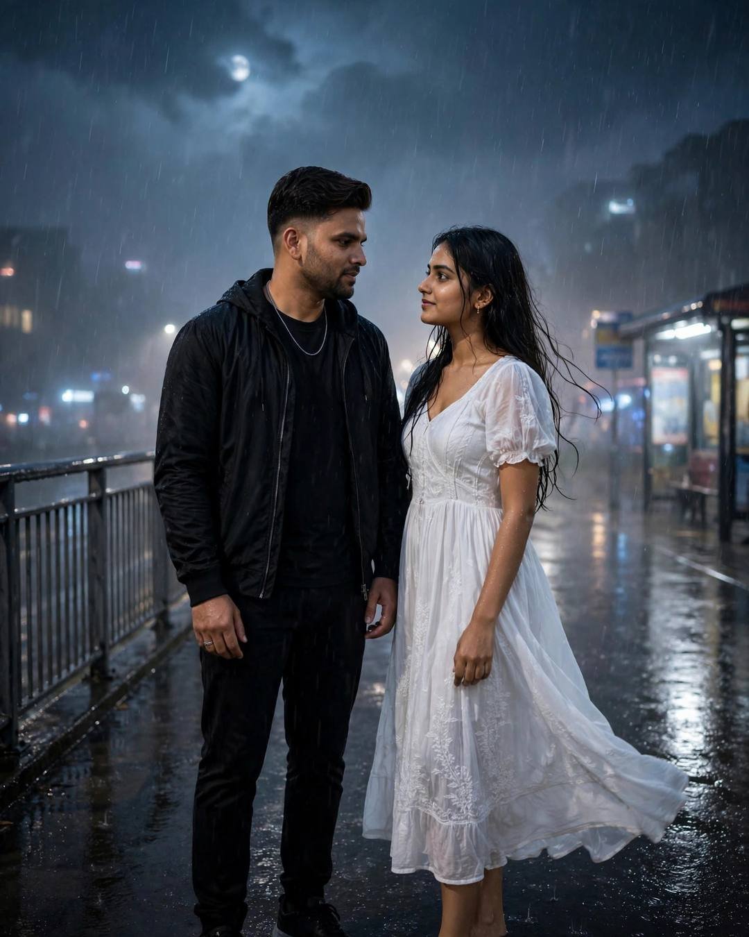 Young Indian couple face to face on a rainy bridge at night, black streetwear and white dress, moon behind clouds