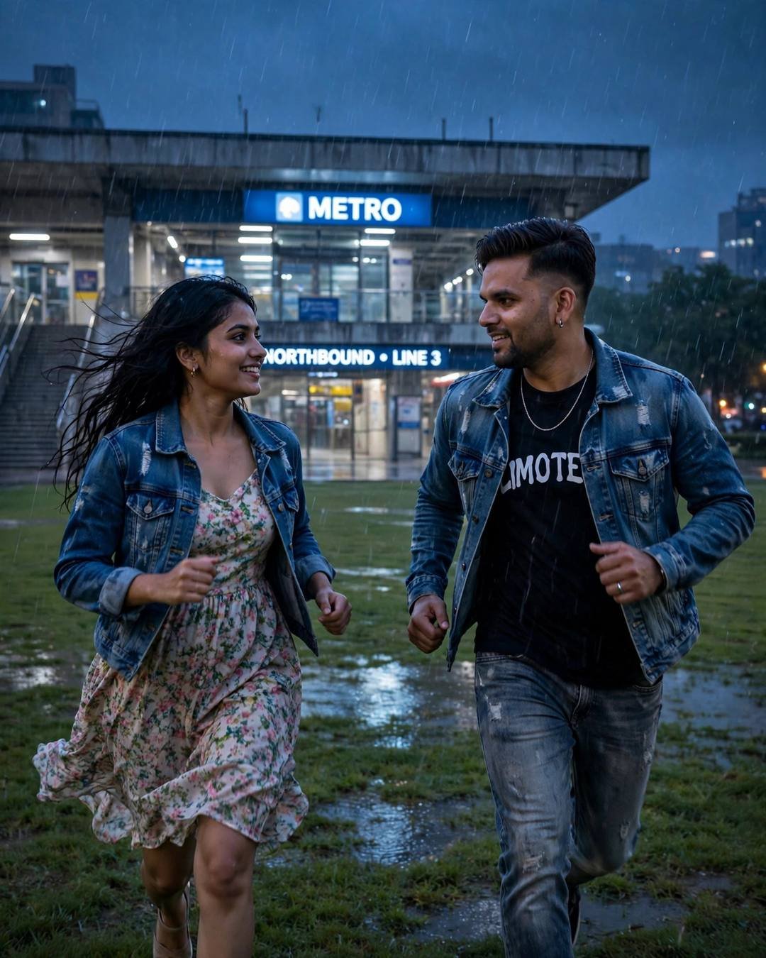 Young Indian couple laughing and running toward each other in the rain outside a glowing metro station, denim jackets