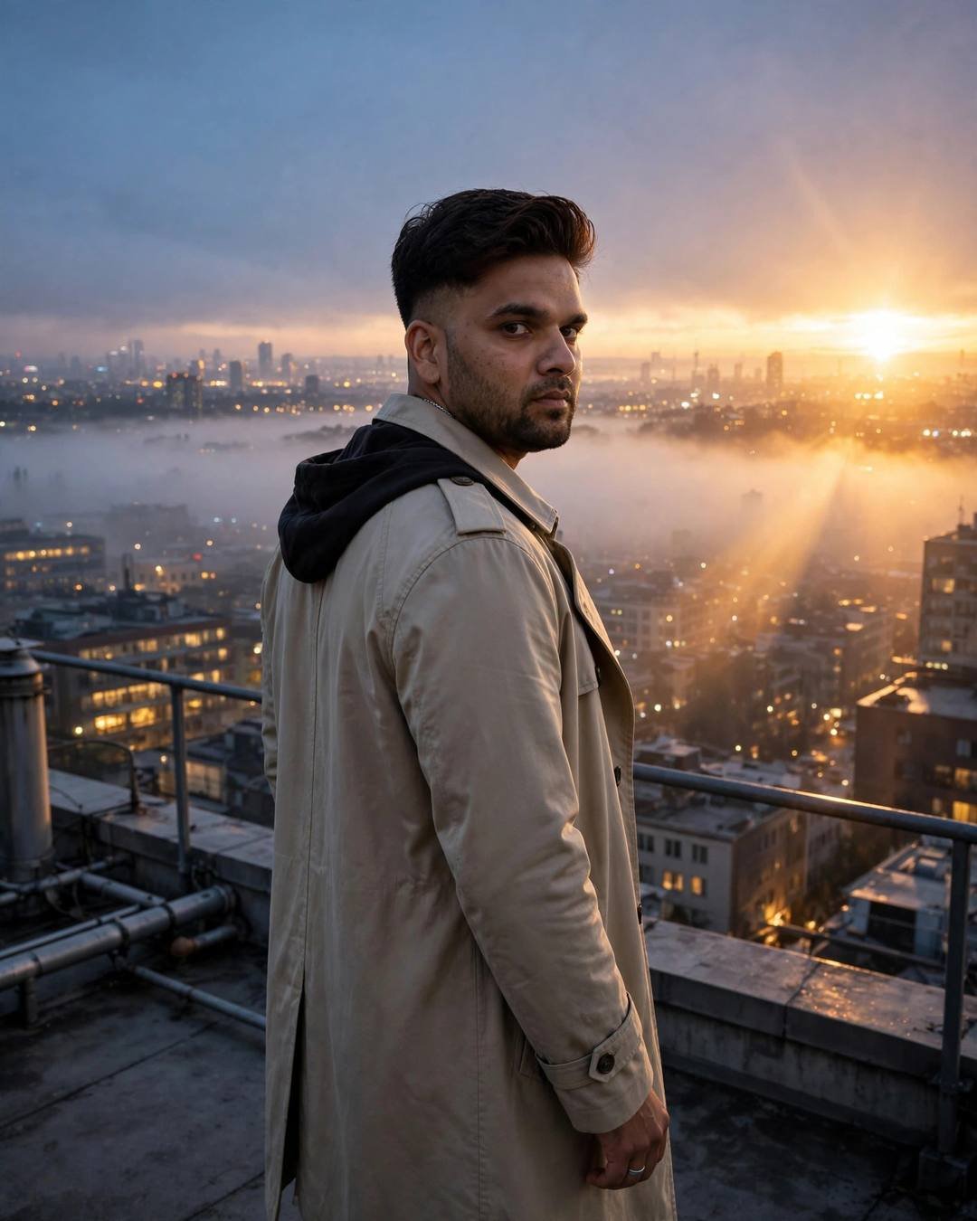 Young Indian man in a beige trench coat on a rooftop overlooking a foggy city, looking over his shoulder
