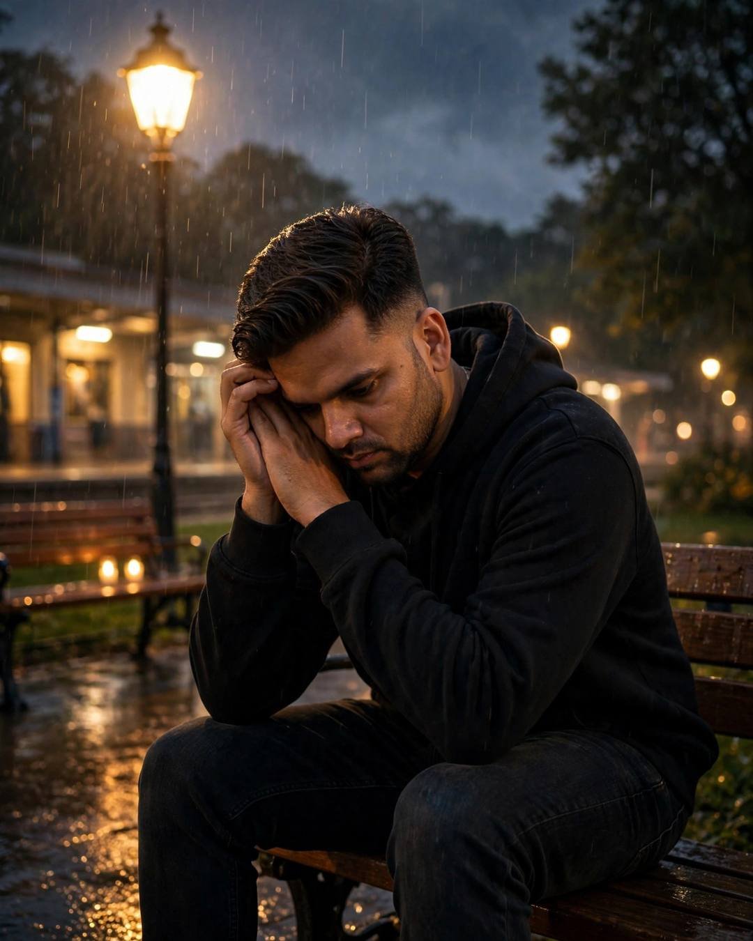 Young Indian man in a black oversized hoodie sitting on a park bench in the rain under a lone lamp, head in hands