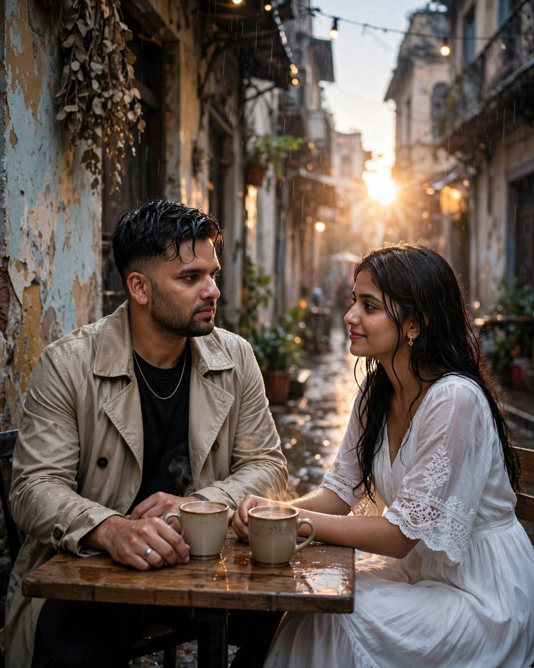 Couple sitting across a small cafe table in a rain-soaked old-city lane at blue hour, hands almost touching over chai cups