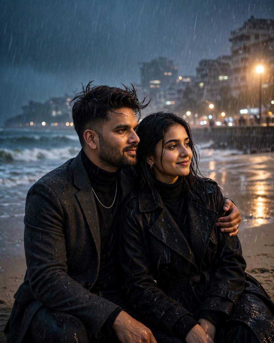 Couple sitting on rain-soaked sand at night, his arm around her, city lights glowing through monsoon rain