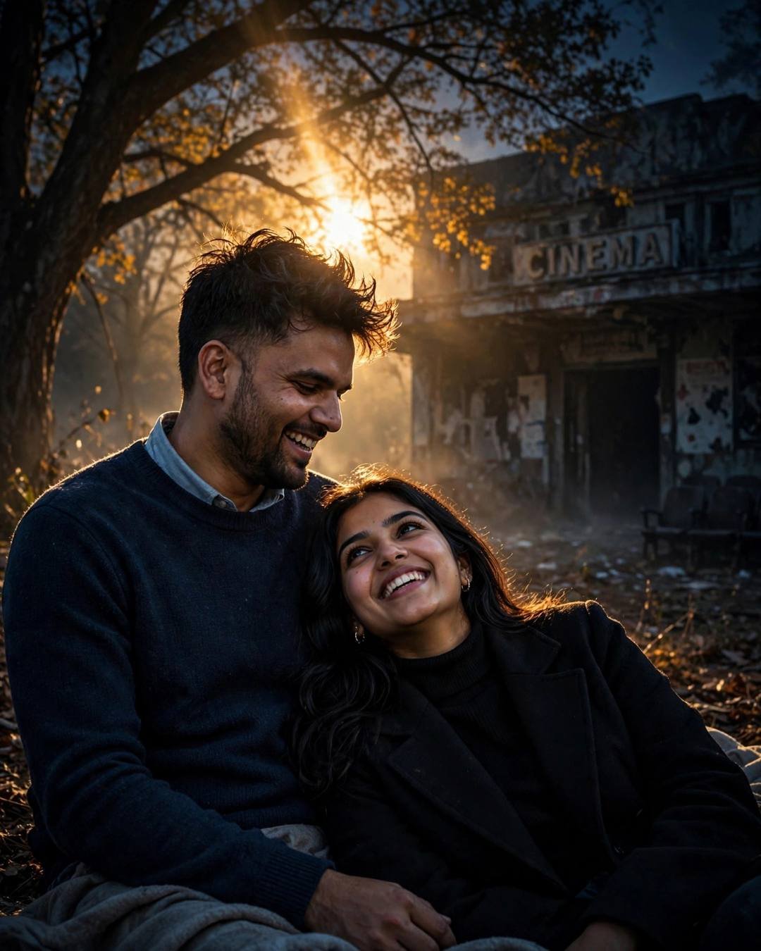 Couple laughing softly together under a tree before an old cinema hall, golden backlight with lens flare