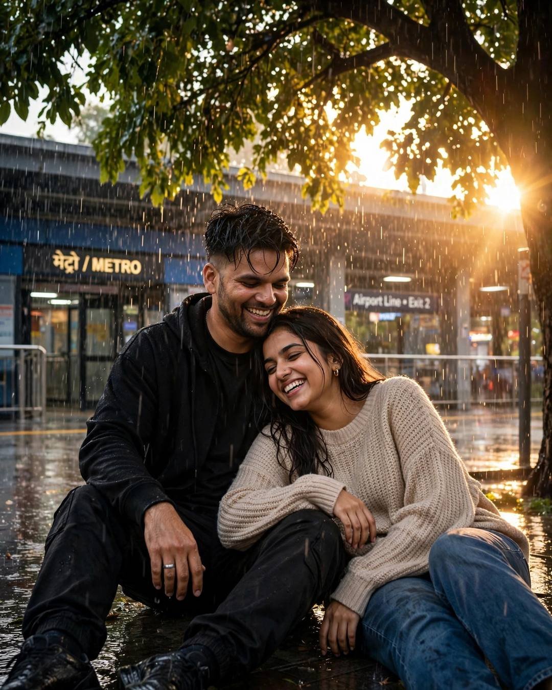 Couple laughing together sitting on wet pavement outside a metro station in heavy rain at golden hour