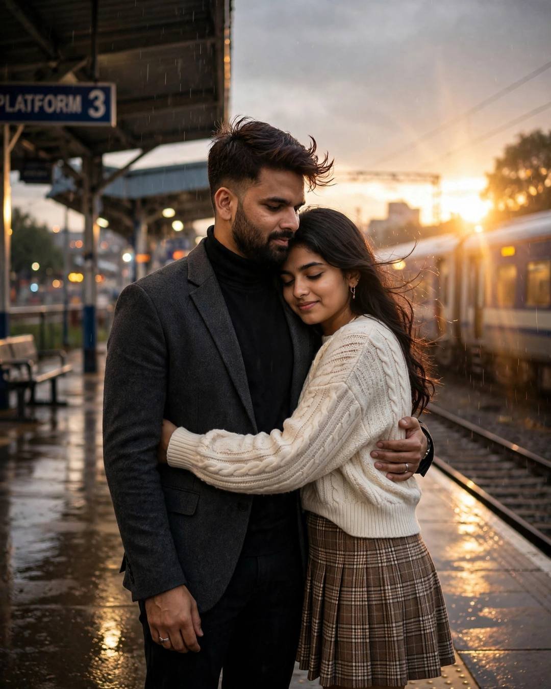 Couple embracing on a rain-wet railway platform at night, train waiting beside them, golden backlight