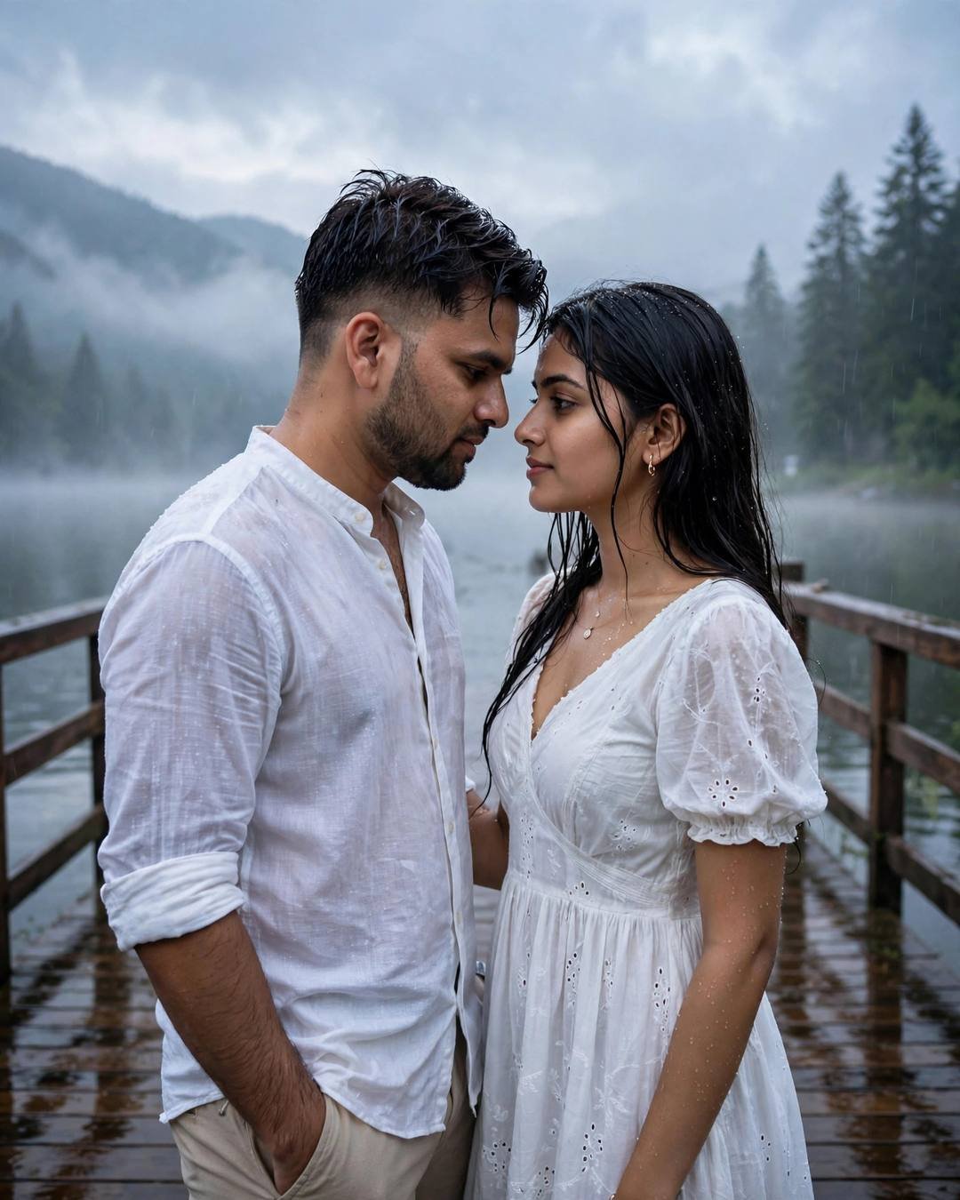 Young couple standing face to face on a misty lake pier, foreheads almost touching, both in white