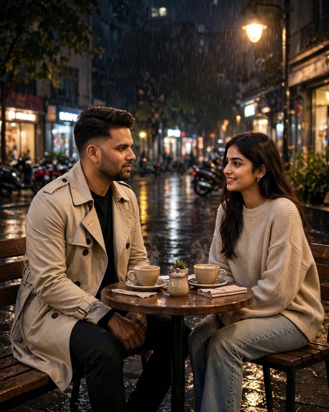 Couple sitting across a small cafe table on a rainy city street at midnight, steaming coffee
