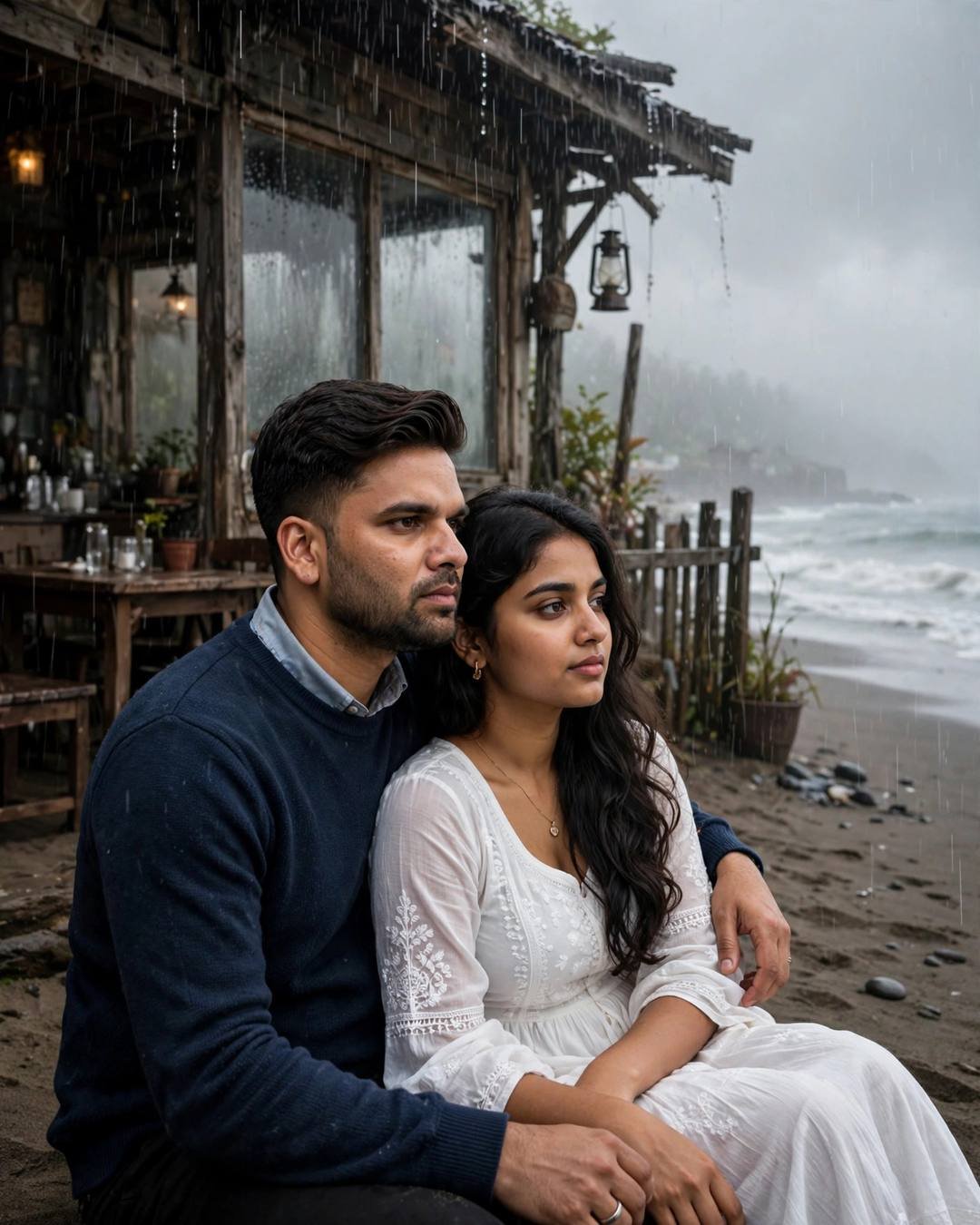 Couple sitting on sand beside a weathered beach shack in monsoon rain, watching the grey sea