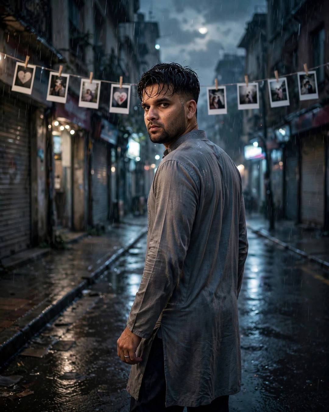 Man in grey kurta standing under hanging polaroid photos on a rain-soaked street at night