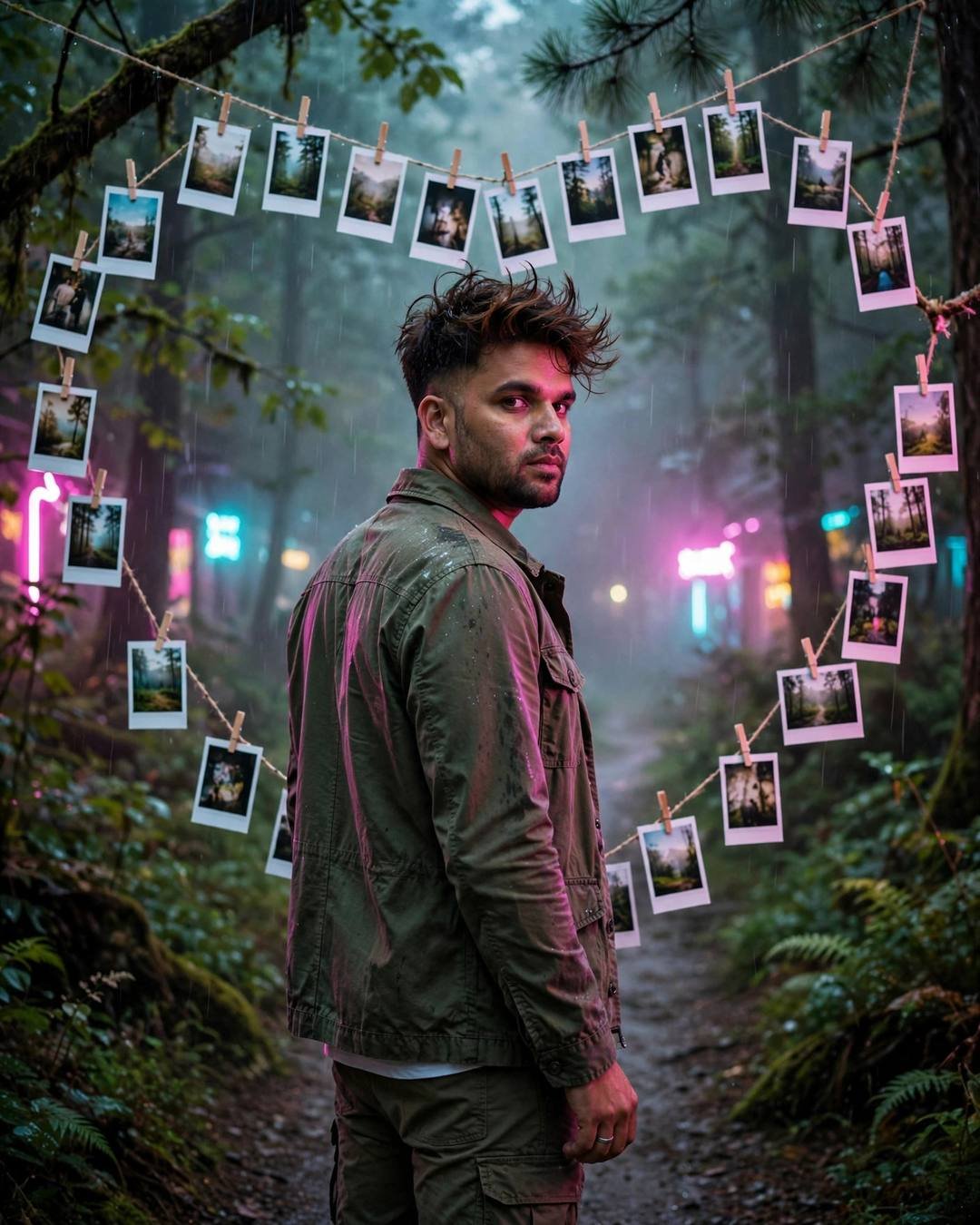 Man in olive field jacket looking over shoulder on a misty forest path, polaroid strings, neon glow
