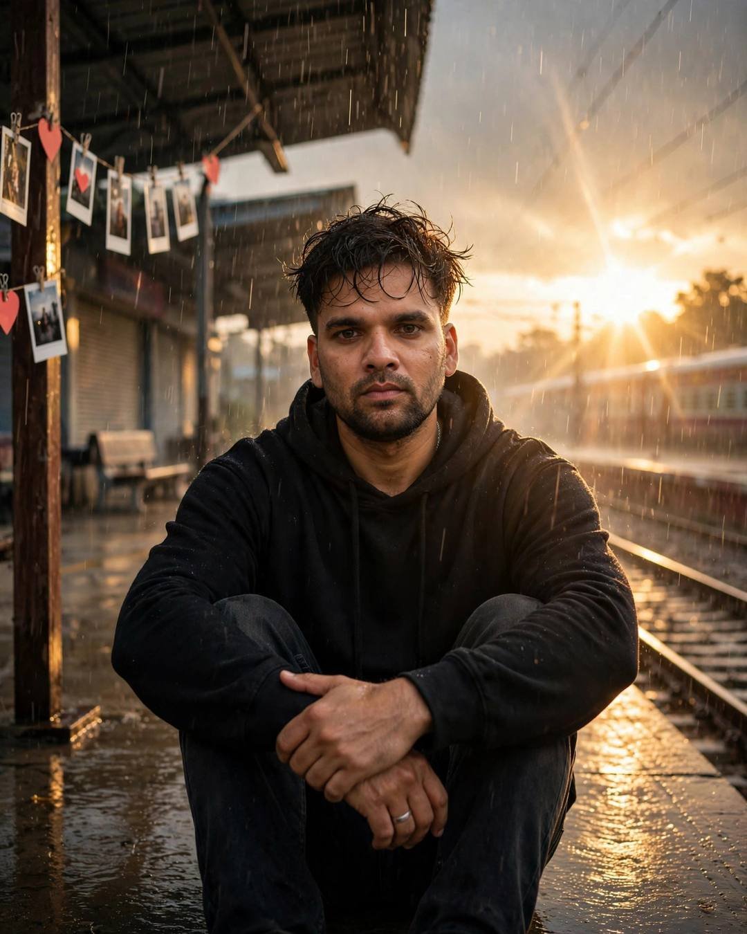 Man in black hoodie sitting with knees drawn up on a rainy railway platform, golden backlight, polaroids