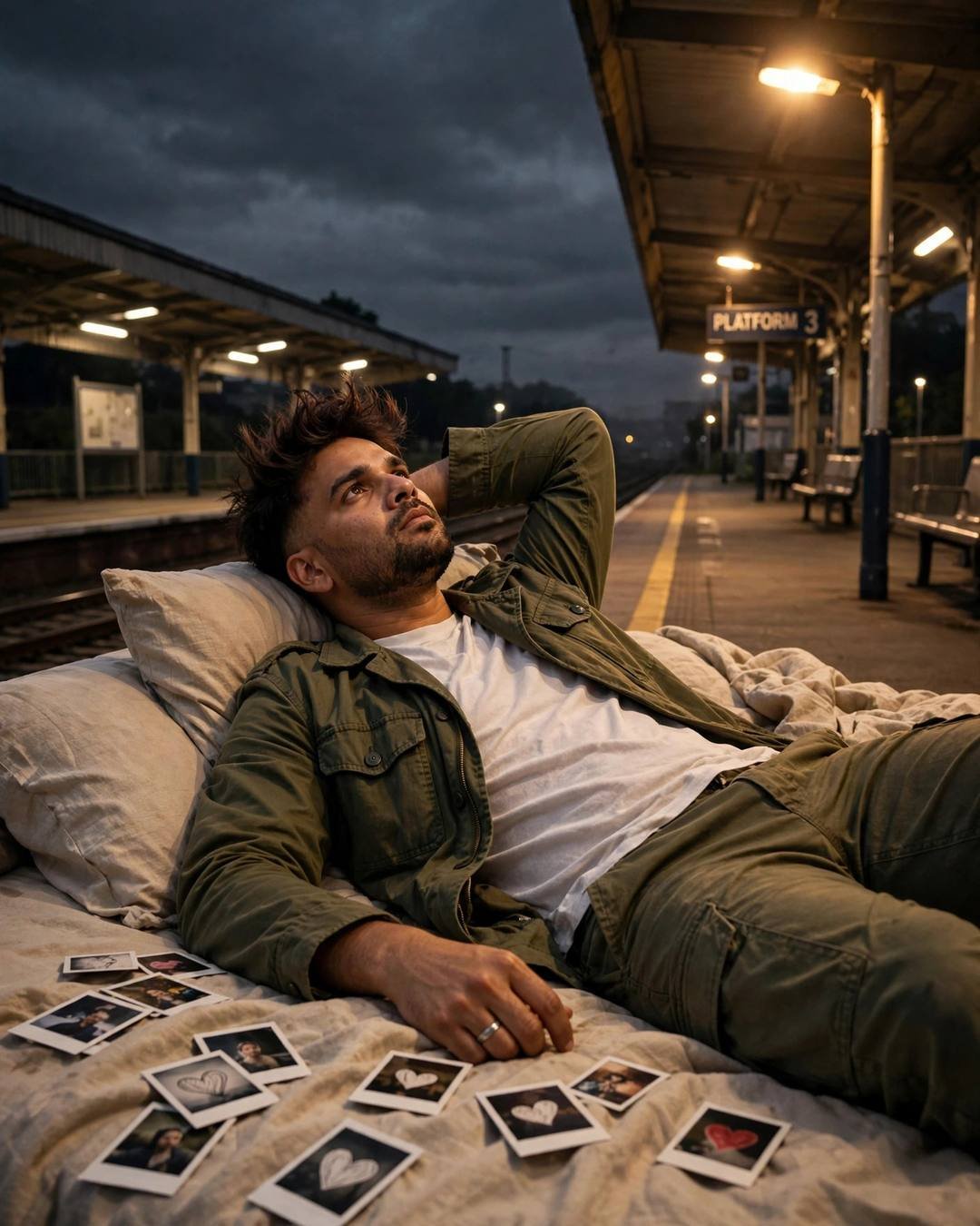 Man lying on a bed on an empty railway platform at night, polaroid photos scattered on blanket