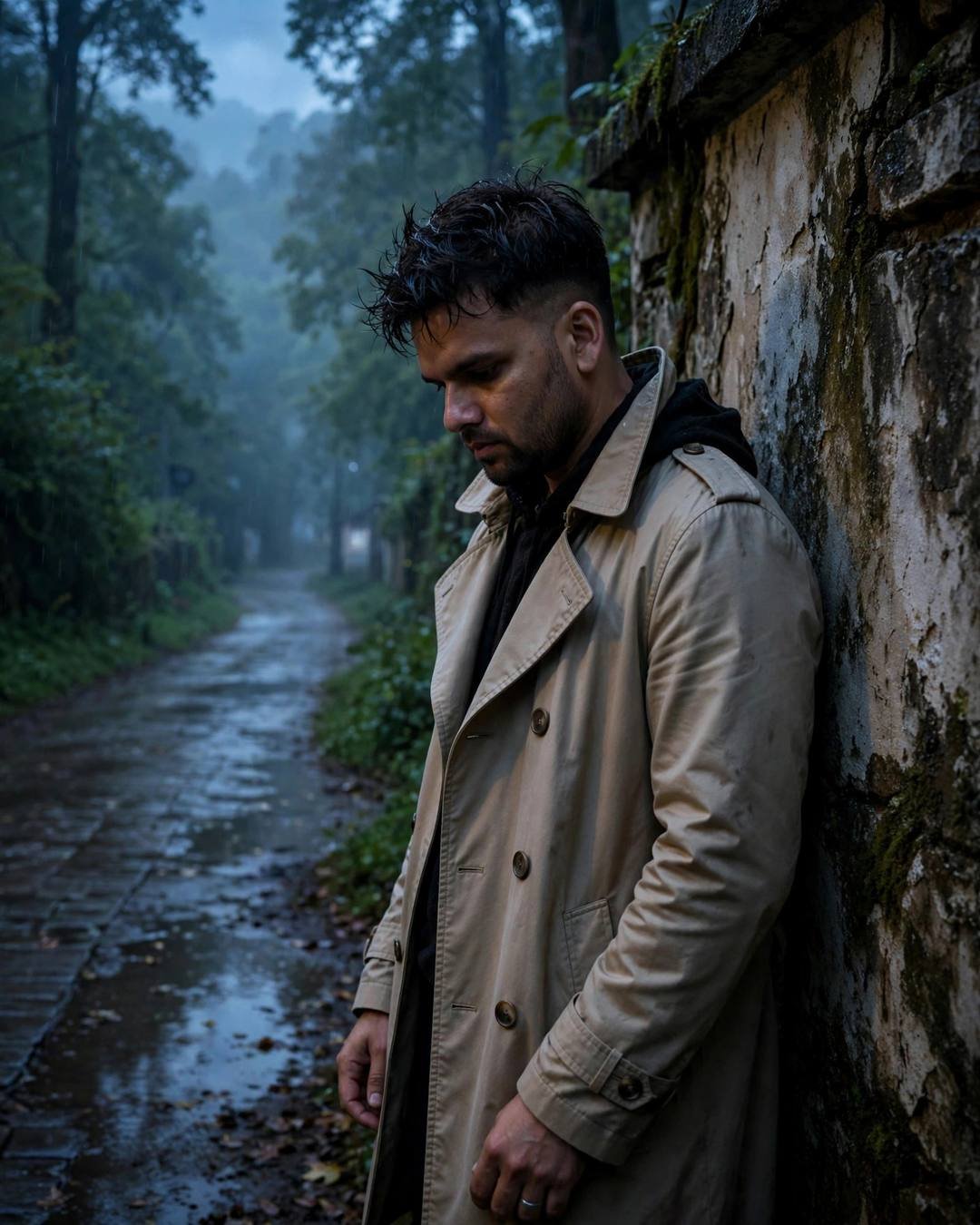 Young Indian man in a beige trench coat leaning against a moss-covered wall on a misty forest path