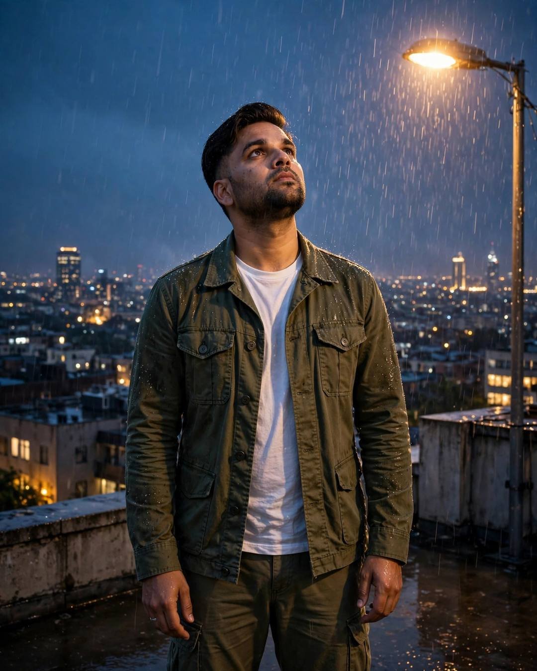 Young Indian man in an olive field jacket standing under a streetlamp in the rain, face lifted to the sky
