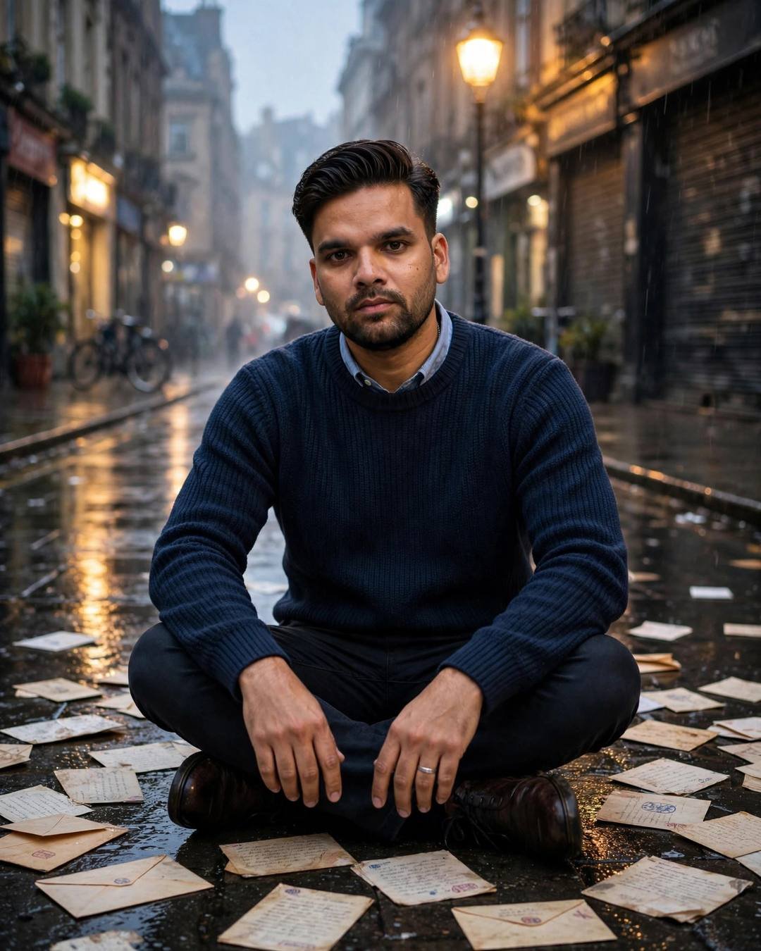 Young Indian man in a navy sweater sitting cross-legged among old letters on a rain-wet street at dawn