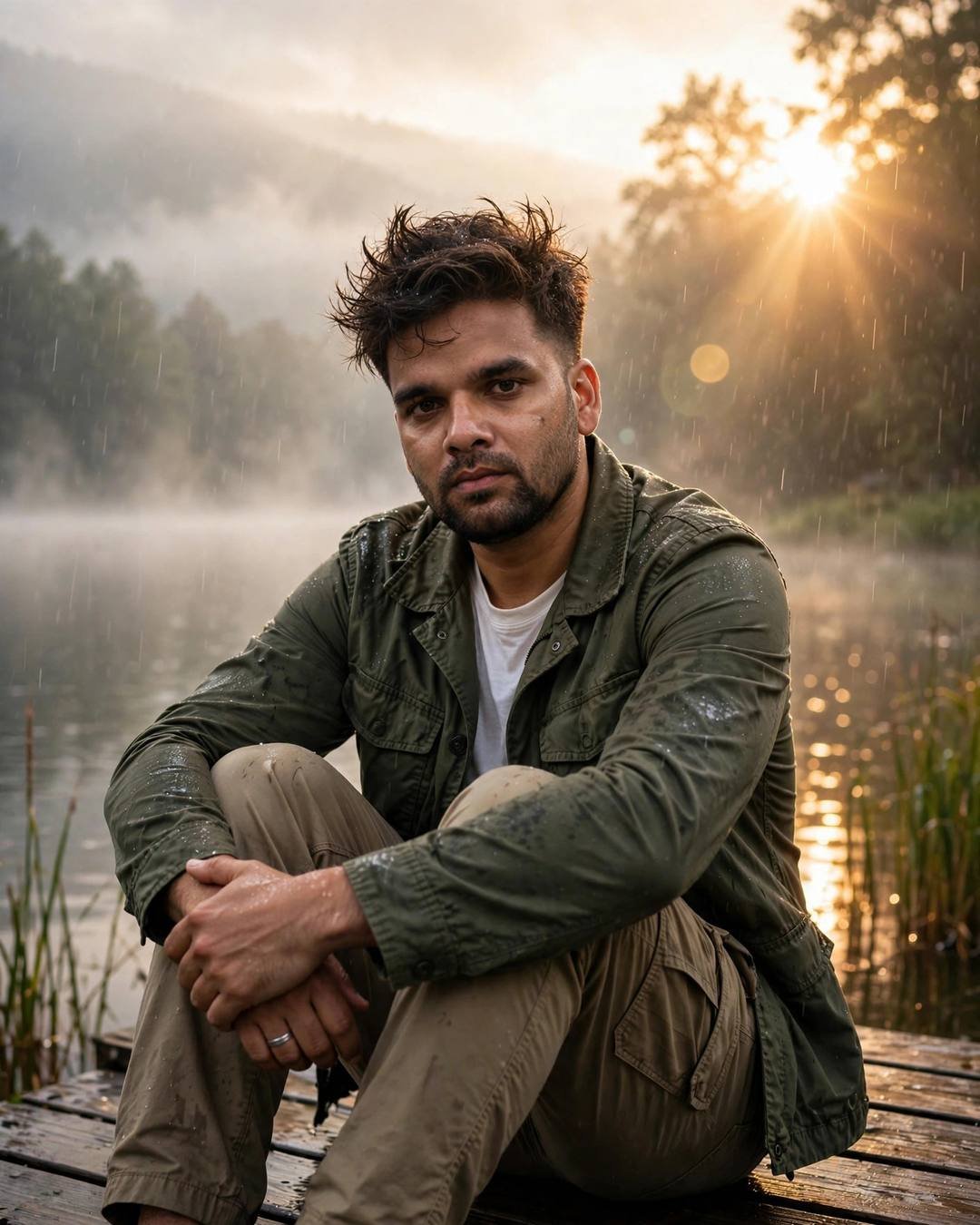 Young Indian man in an olive field jacket sitting with knees drawn up on a wooden pier by a misty lake