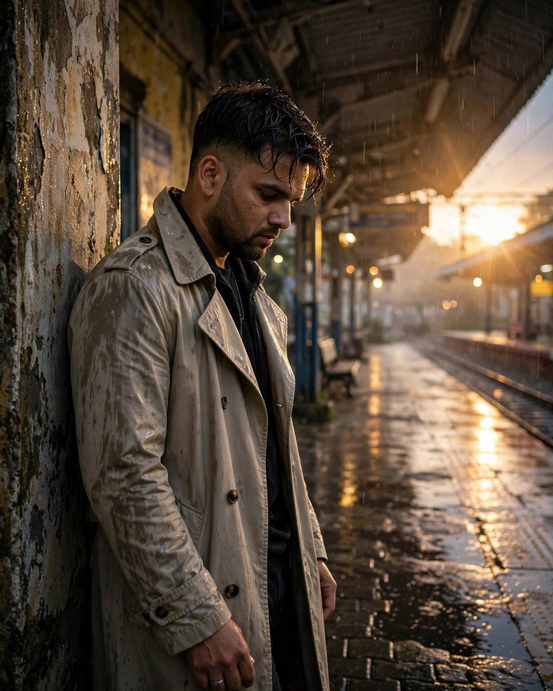 Man in beige trench coat leaning on a weathered wall at a railway platform, golden backlight