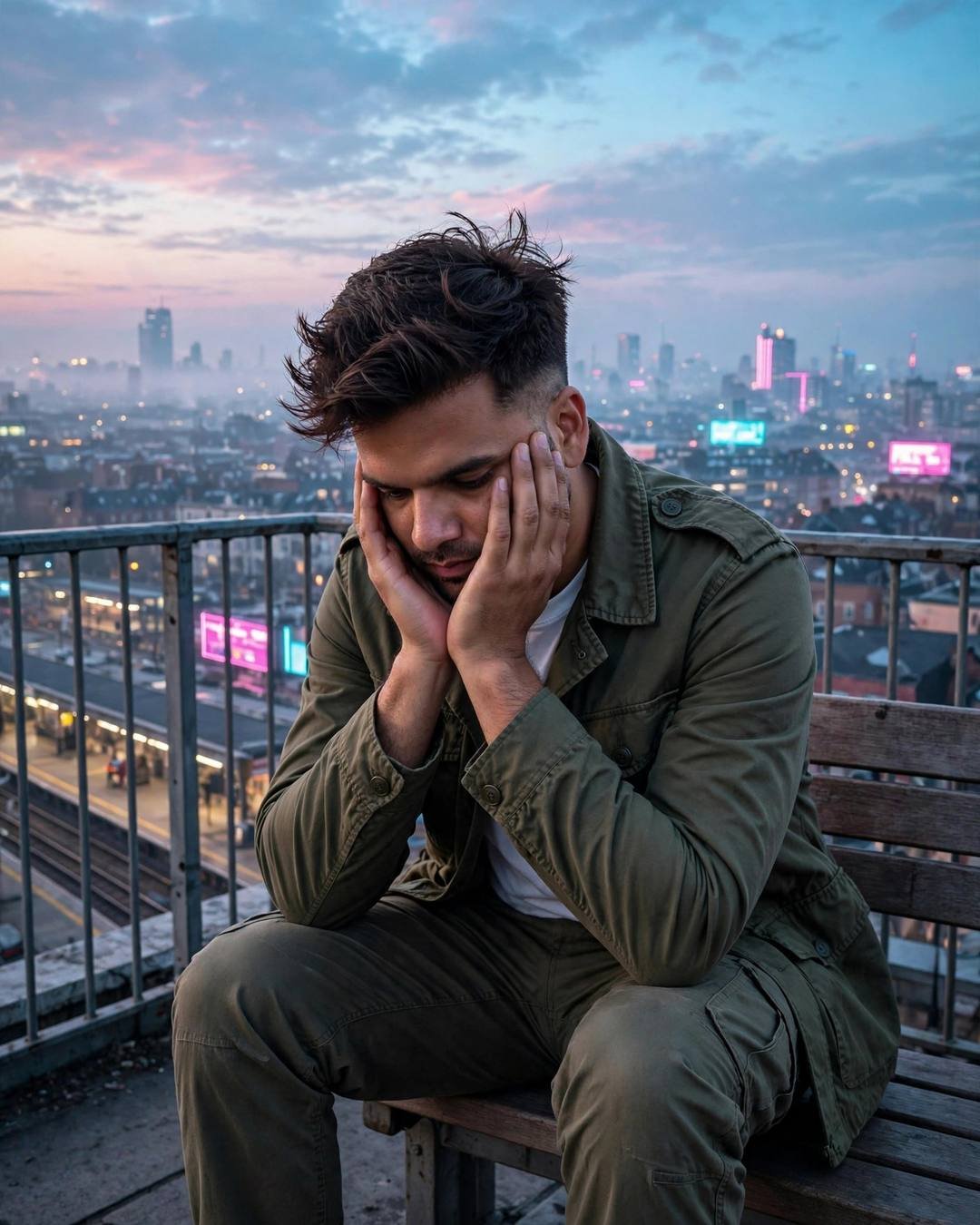 Man in olive field jacket sitting with head in hands on a rooftop overlooking neon city lights