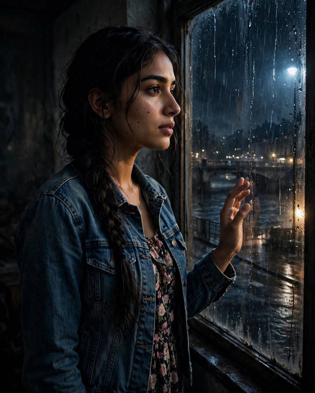 Young woman in denim jacket with hand on rain-streaked window, river bridge at midnight