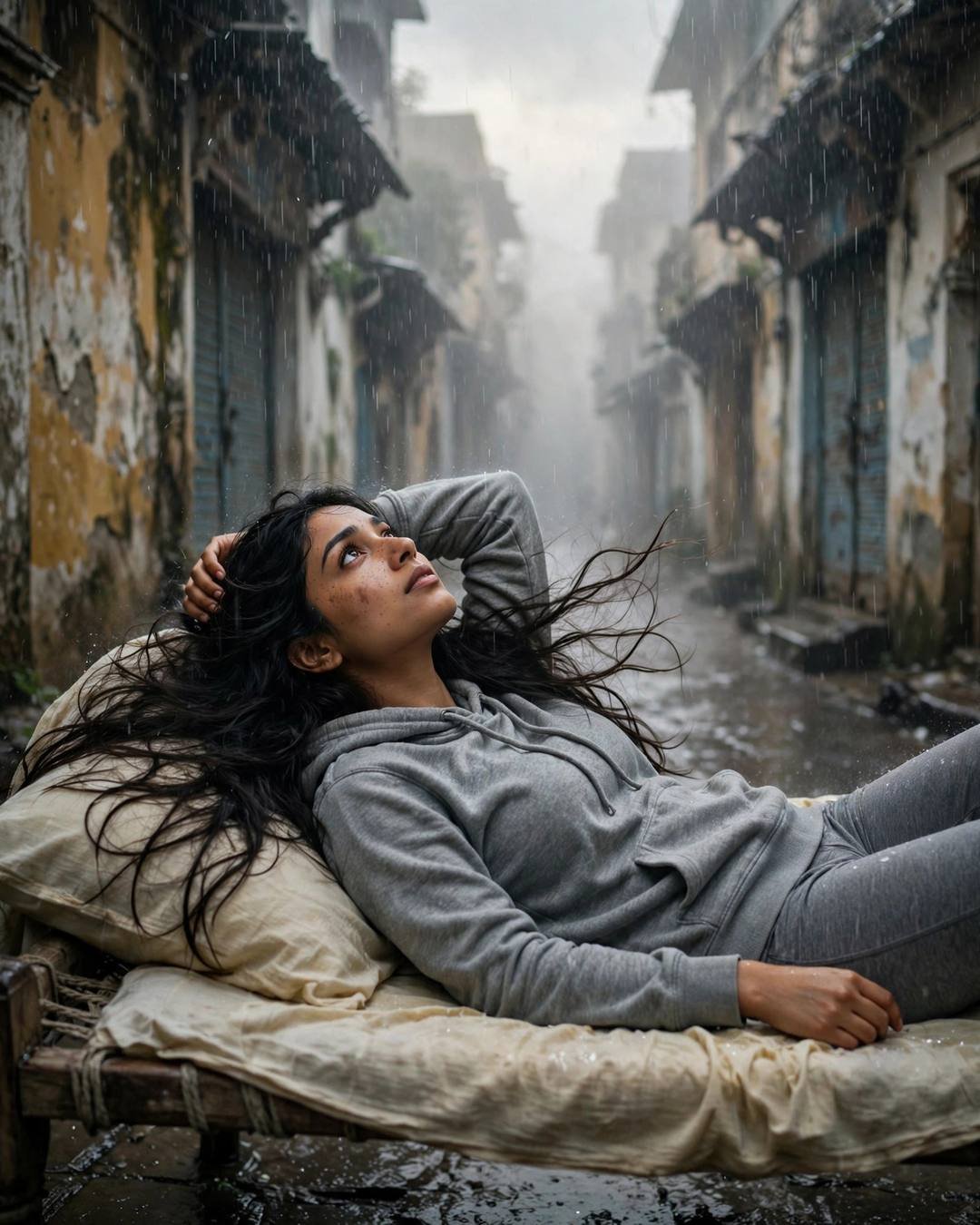 Young woman in grey hoodie lying on a charpai in a rainy old-city lane, staring up