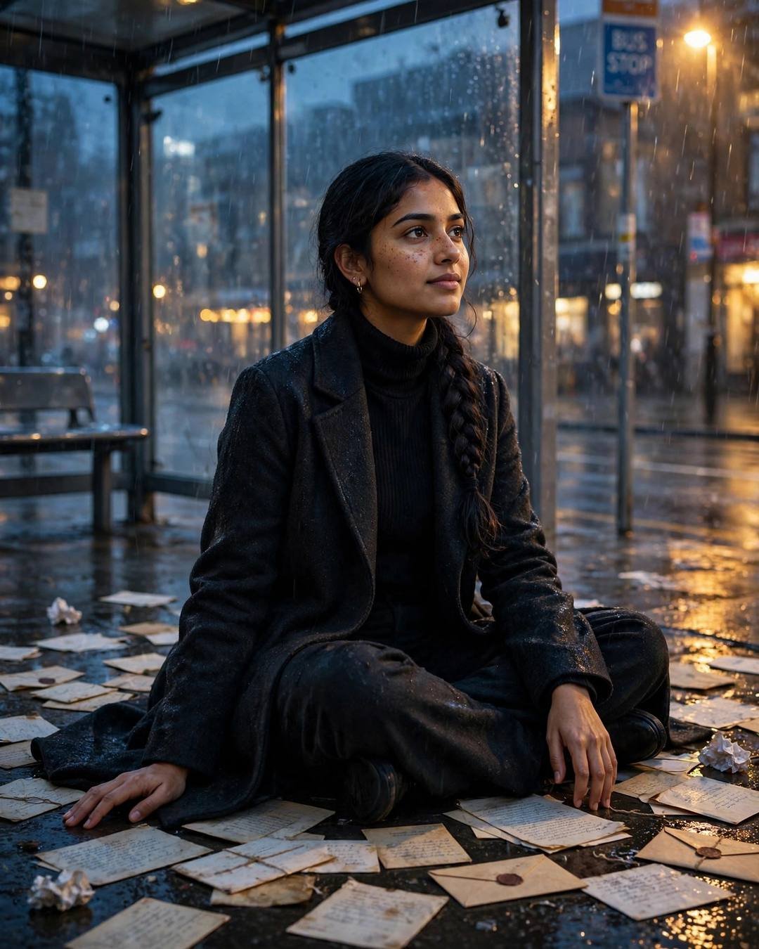 Young woman in black coat sitting cross-legged among old letters at a rainy bus stop
