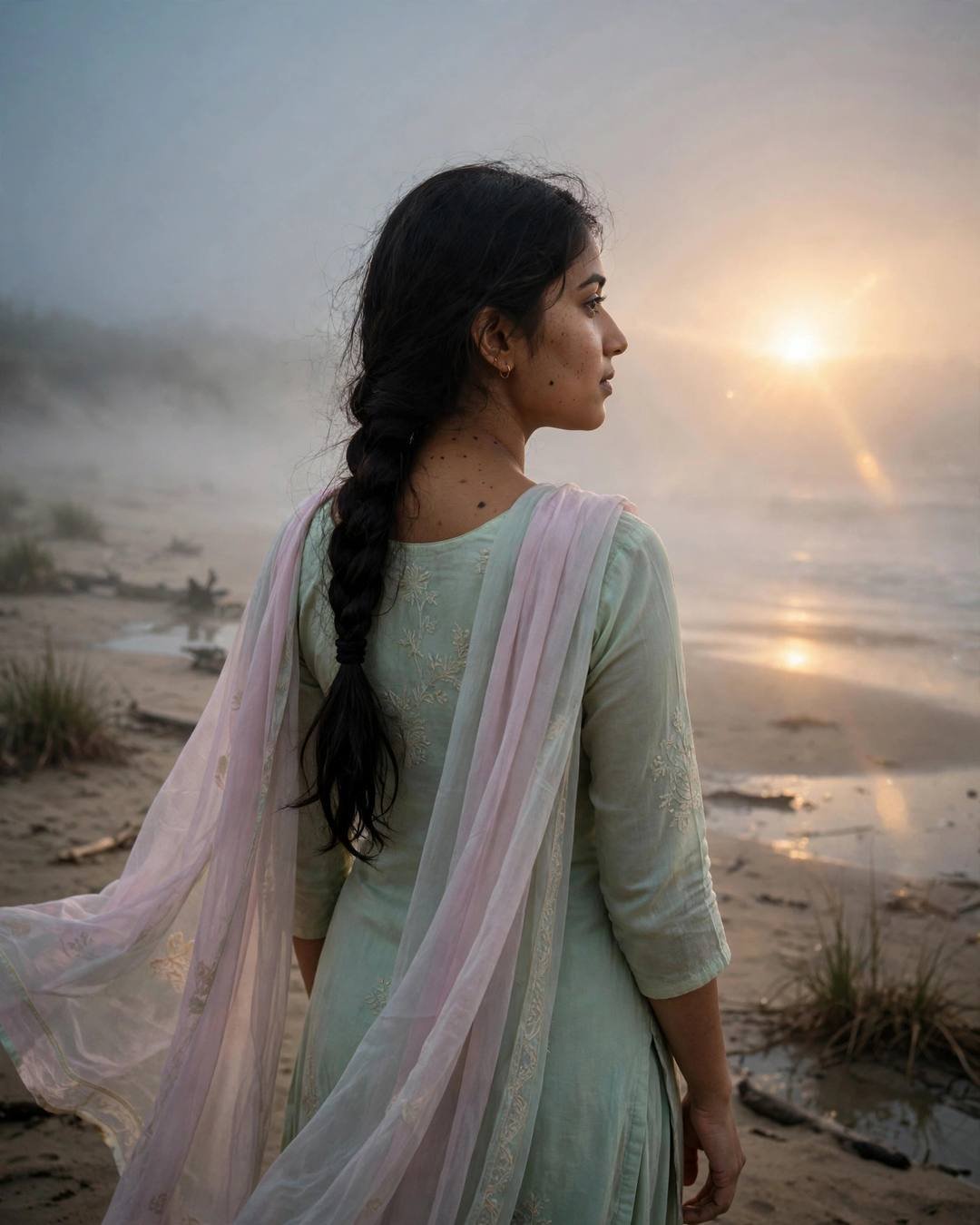 Young woman in pastel salwar-kameez with braid, looking over shoulder on foggy beach at sunset