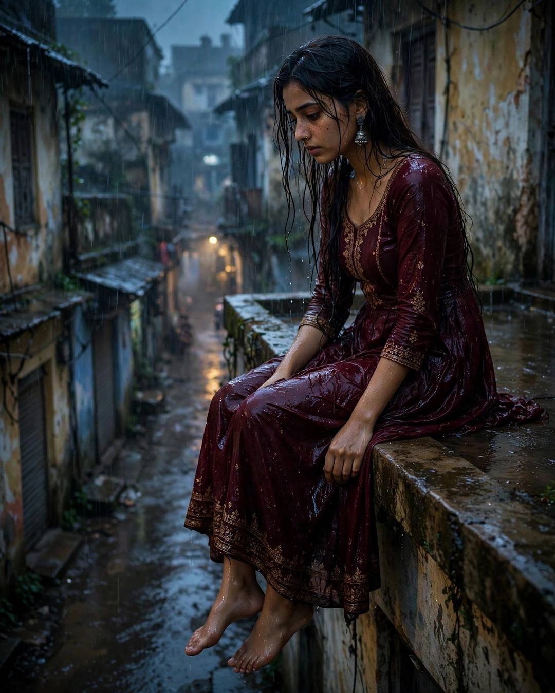Young woman in maroon anarkali with jhumkas sitting on a rooftop ledge, legs dangling, monsoon rain