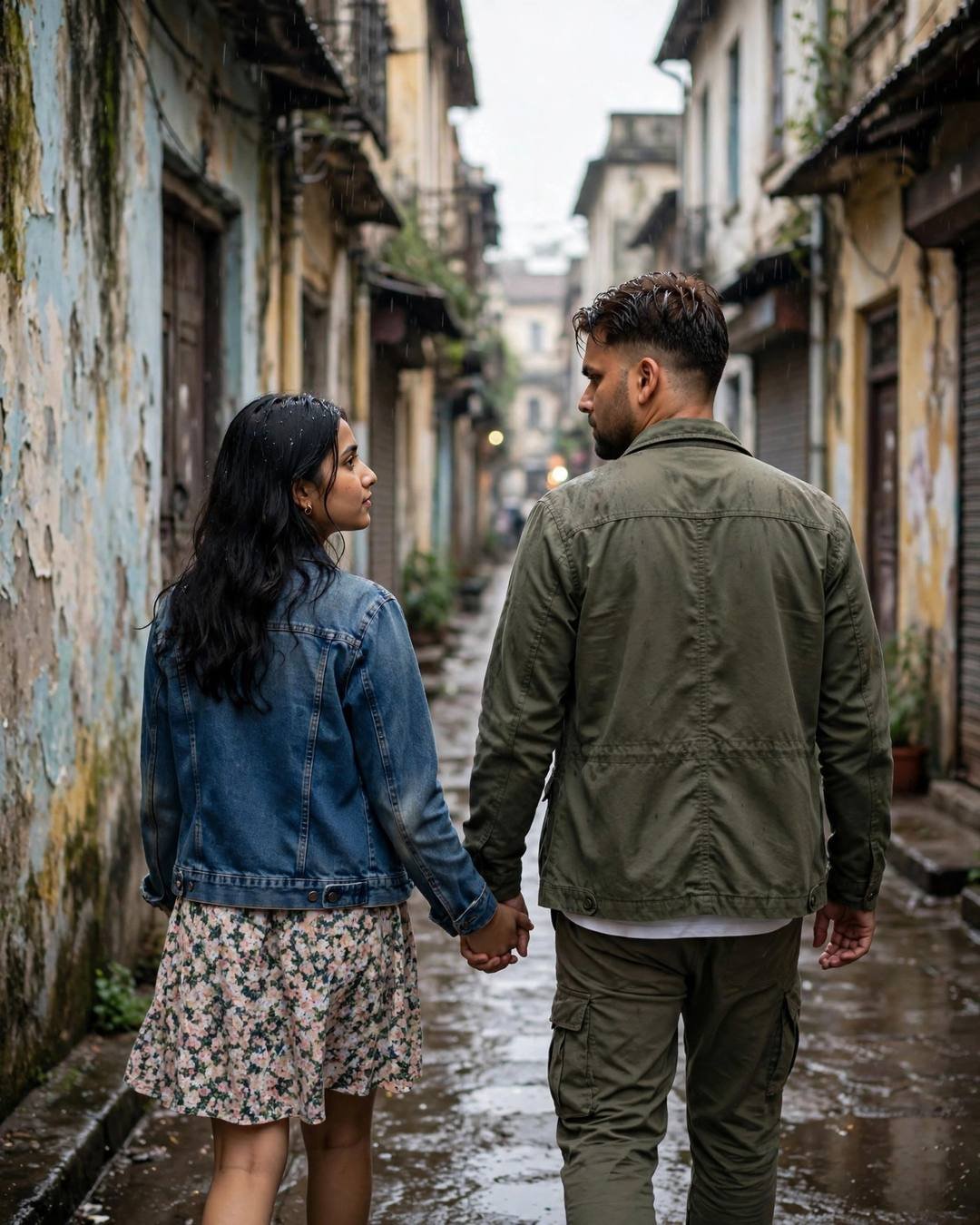 A tent under a meteor shower — couple walking hand in hand away from the camera down a rain-soaked old-city lane, olive field jacket and cargo pants, denim jacket over floral dress