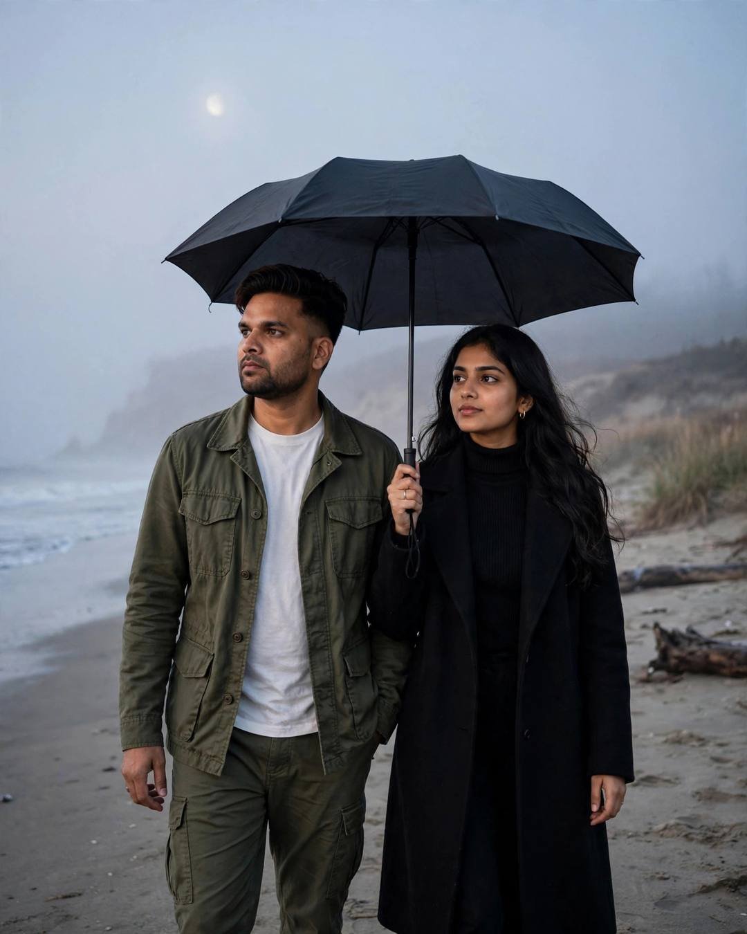 Picnic under a 200-year-old banyan — couple under one black umbrella on a foggy beach at dusk, olive field jacket and white tee, black turtleneck with long coat