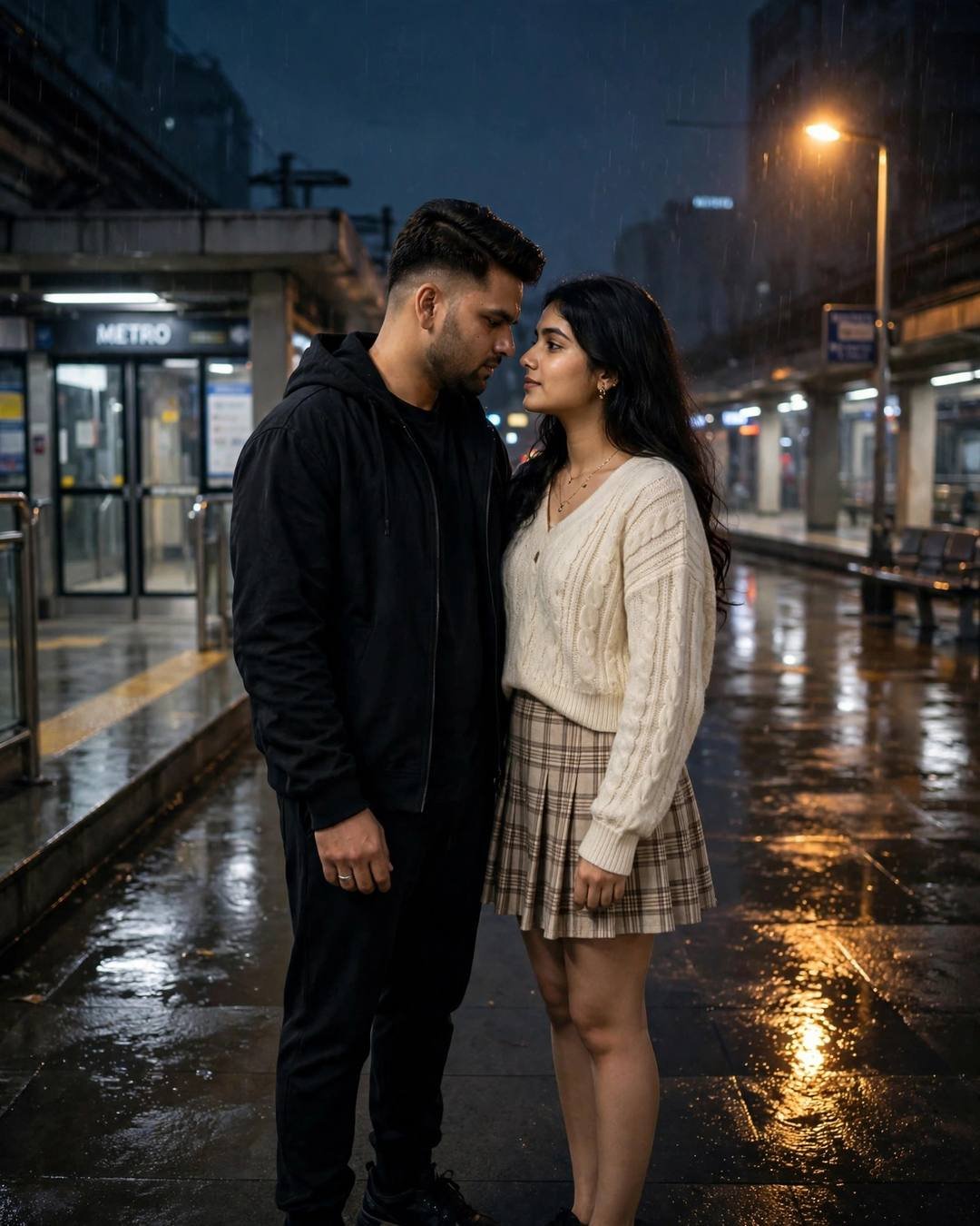A waterfall mist rainbow behind them — couple face to face with foreheads almost touching at a rainy metro station at night, all-black streetwear, cream knit top and plaid skirt