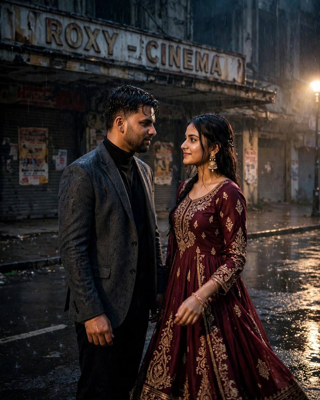 Cycling through tea gardens — couple facing each other on a wet street before an old cinema hall in the rain at night, charcoal blazer and black turtleneck, maroon anarkali with jhumkas
