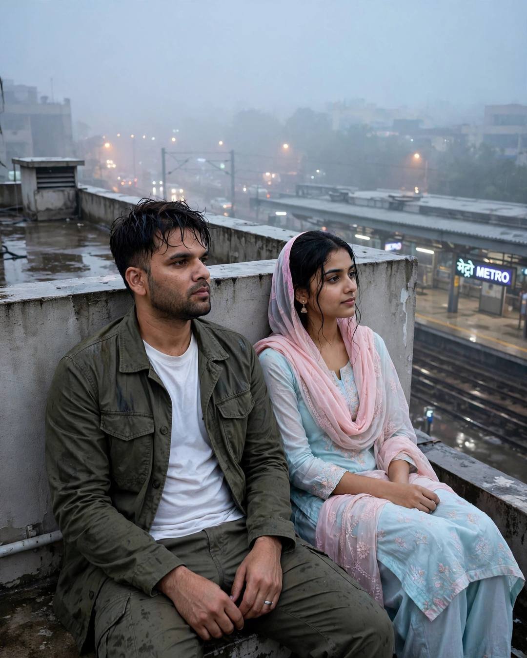 Young couple sitting in silence on a rooftop above a foggy metro station at night, man in olive jacket, woman in pastel salwar kameez