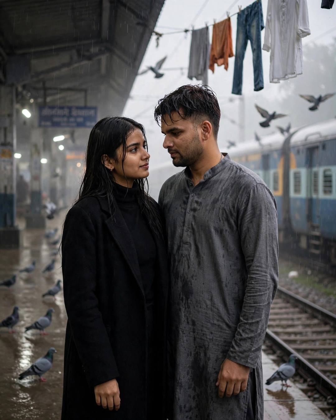 Young couple standing close with foreheads touching on a rainy railway platform, pigeons around, train waiting