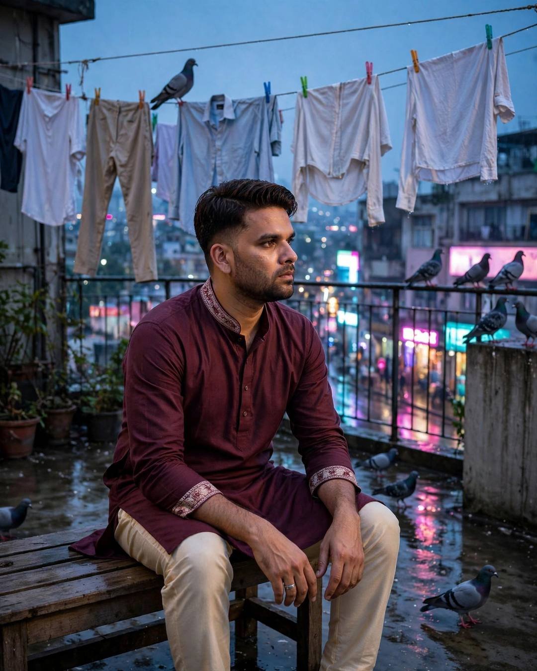 Learning her favourite song on guitar, never — maroon kurta with cream churidar, neatly combed side part, sitting on station bench, elbows on knees, head in hands at terrace with drying clothes lines 