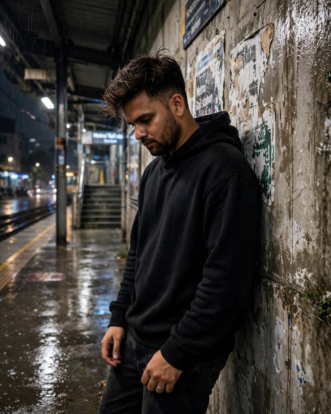 Standing in her wedding crowd, smiling through — black oversized hoodie and dark jeans, windswept textured hair, leaning against a weathered wall, head tilted down at midnight metro station; post-rain