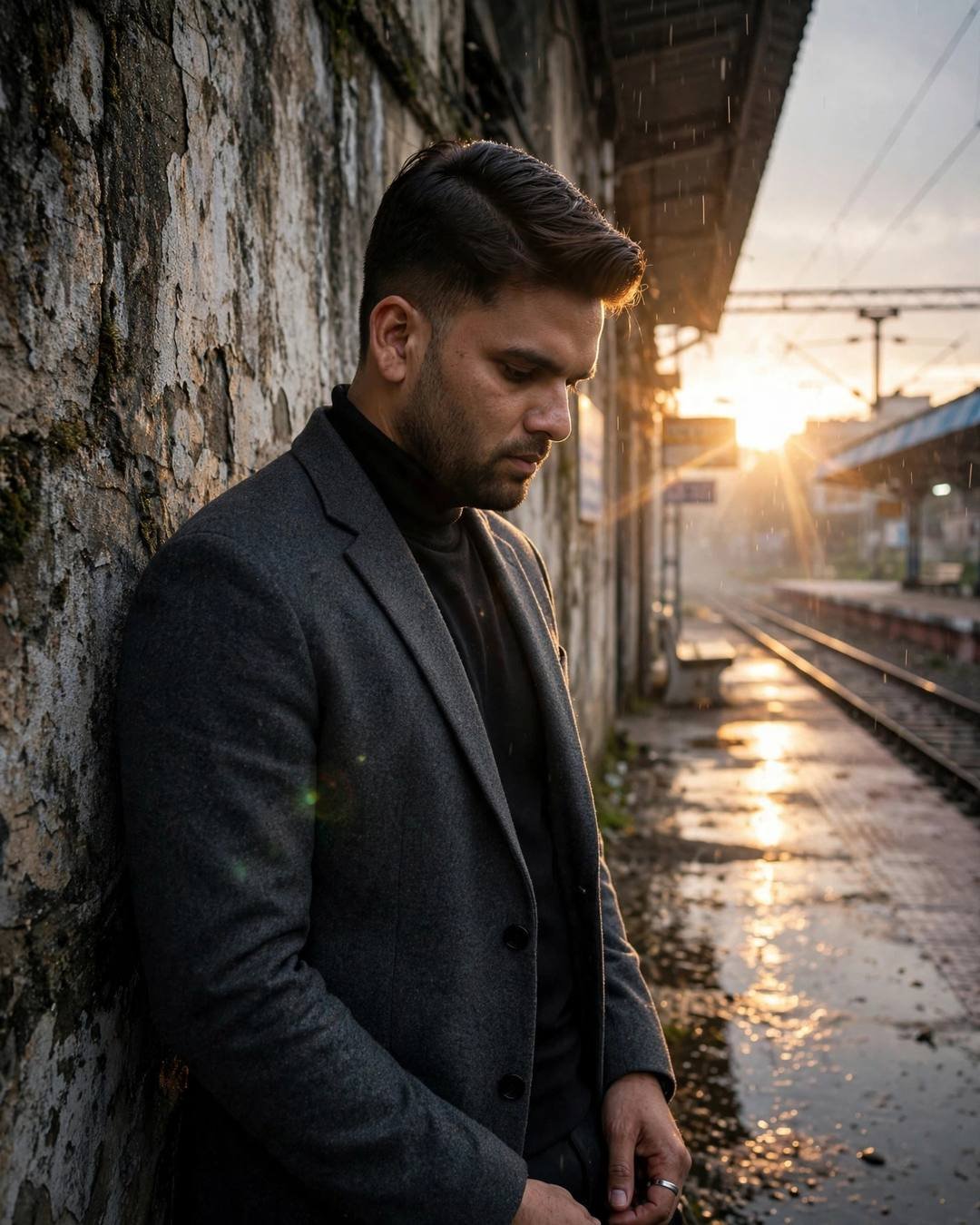 Watching her laugh with someone else from — charcoal blazer, black turtleneck, neatly combed side part, leaning against a weathered wall, head tilted down at empty railway platform at night; light rai