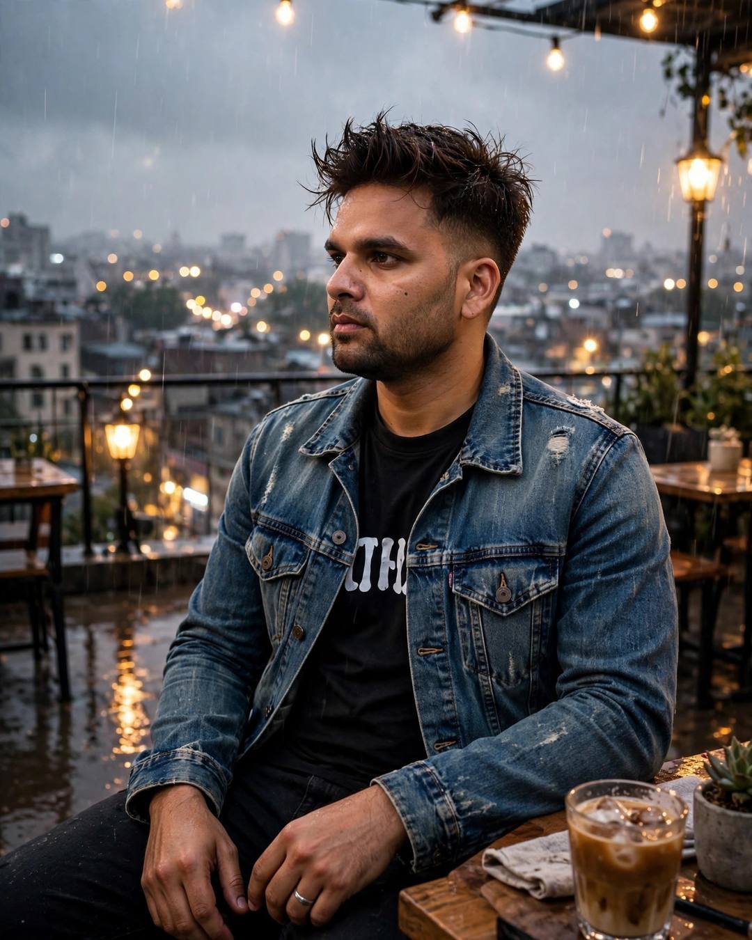 Young Indian man in distressed denim jacket sitting at a rooftop café table with cold coffee in light rain at night