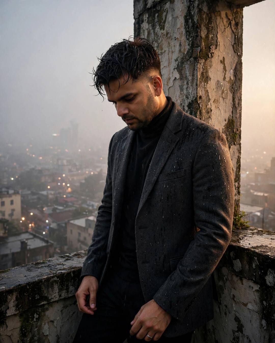 Young Indian man in charcoal blazer and black turtleneck leaning against a rooftop pillar at dawn in the rain