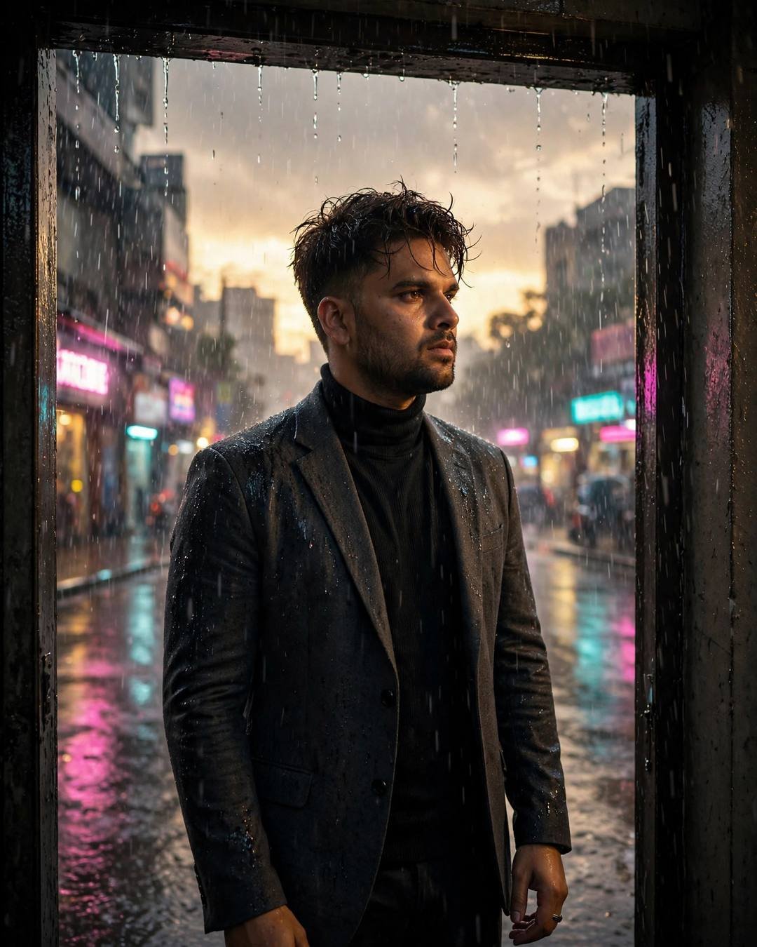 Young Indian man in charcoal blazer and black turtleneck standing in a doorway watching neon rain on the street