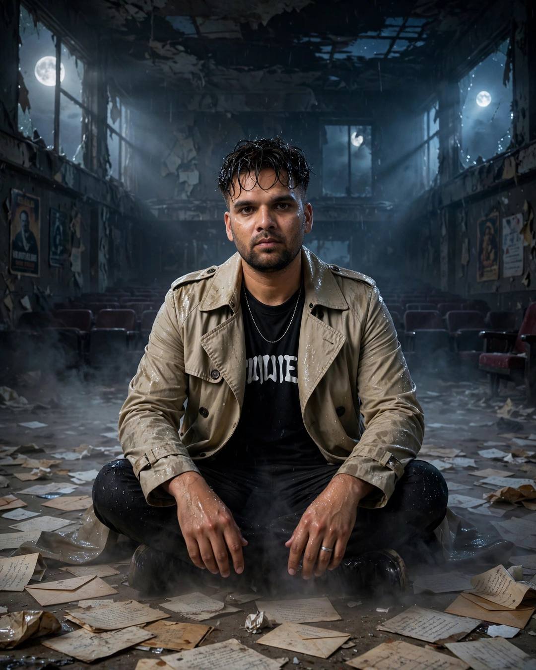 Young Indian man in beige trench coat sitting cross-legged among old letters in an abandoned moonlit cinema hall