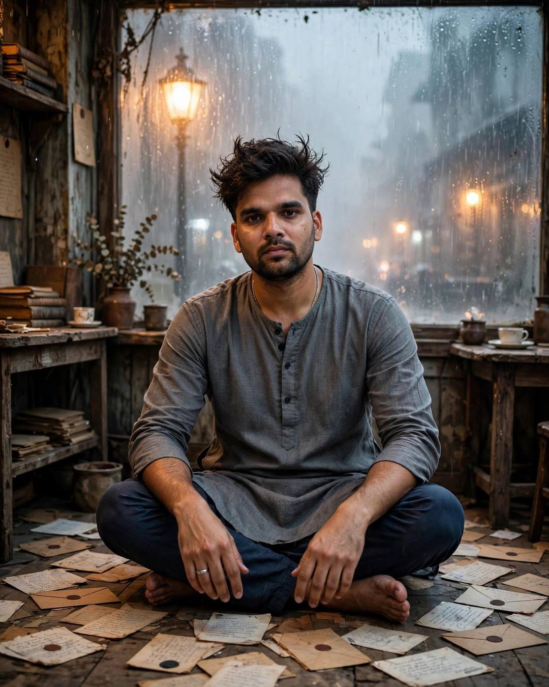 Young Indian man in grey kurta sitting cross-legged barefoot among old letters at a fogged café window