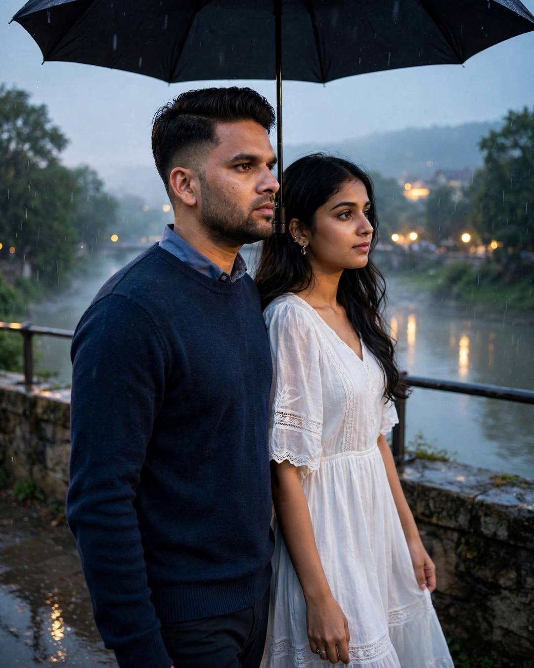 Young couple under one black umbrella on a bridge over a river in drizzle at blue hour, man in navy sweater, woman in white dress