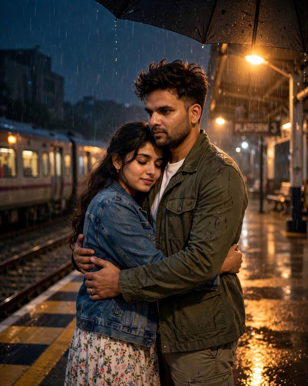 Young couple sharing a last hug under an umbrella on a rainy railway platform at night, train waiting, warm lamplight