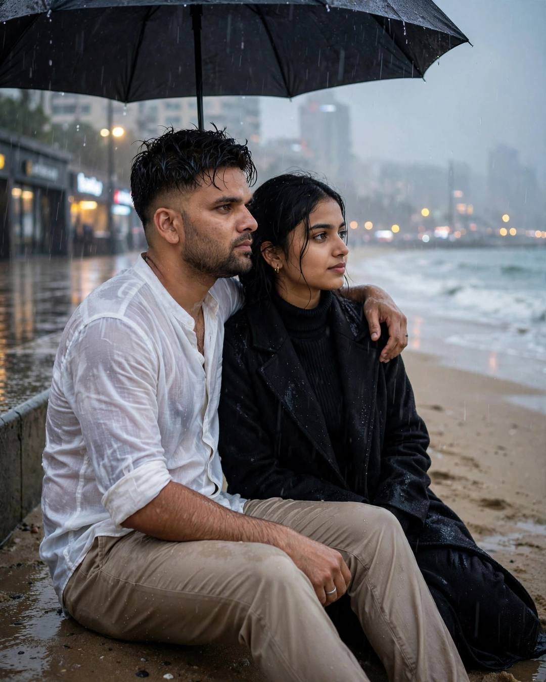 Young couple sitting under a black umbrella on a rain-soaked street by the sea in drizzle, man in white shirt, woman in black coat