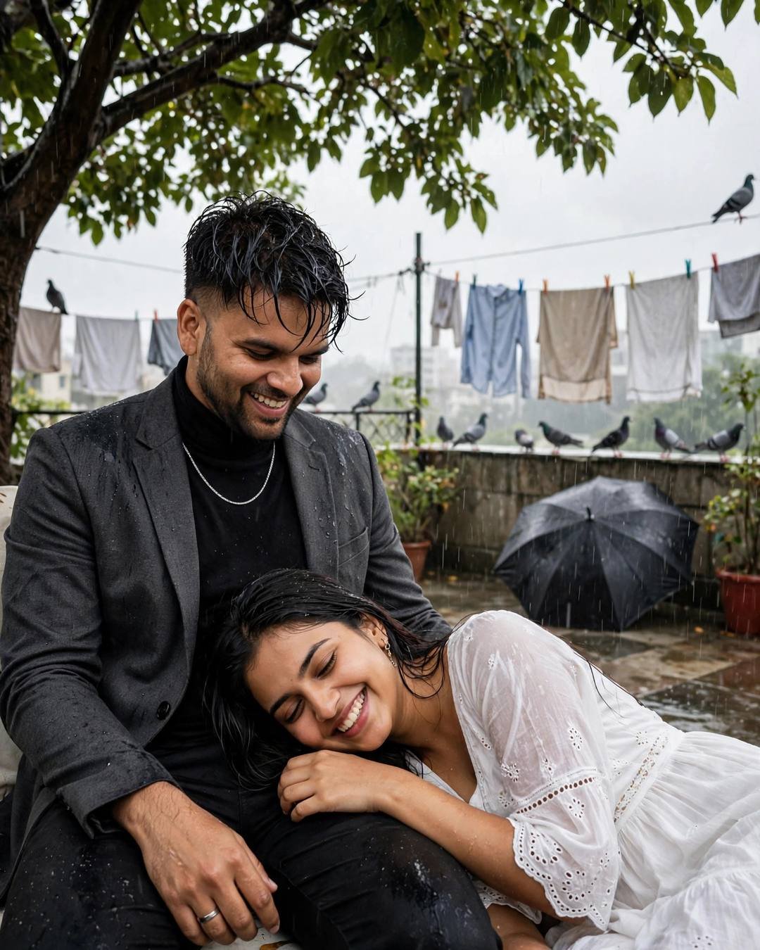 Young couple laughing together on a terrace in the drizzle, her head in his lap, clothes lines and pigeons behind