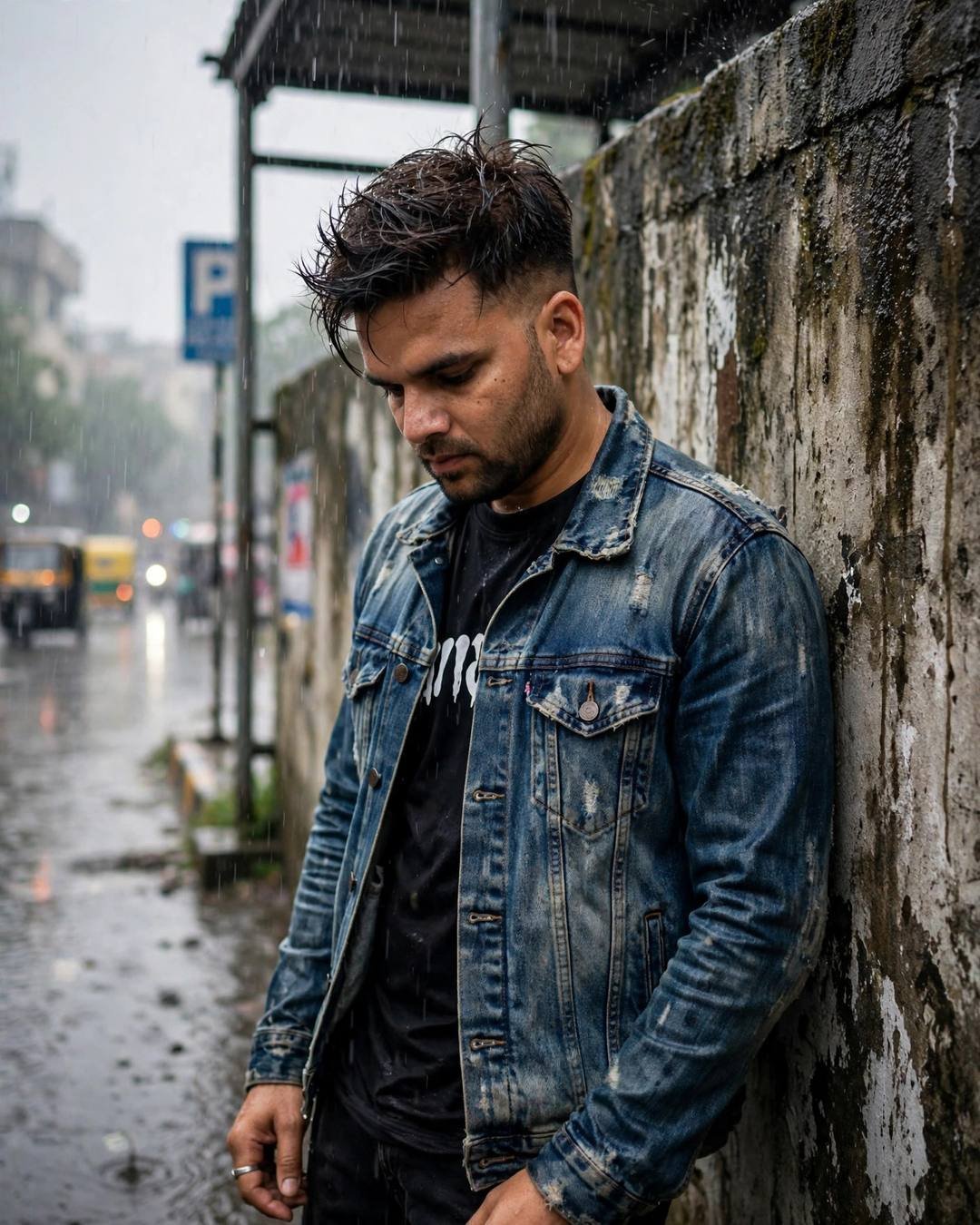Young Indian man in a distressed denim jacket leaning against a weathered wall in heavy rain, head bowed