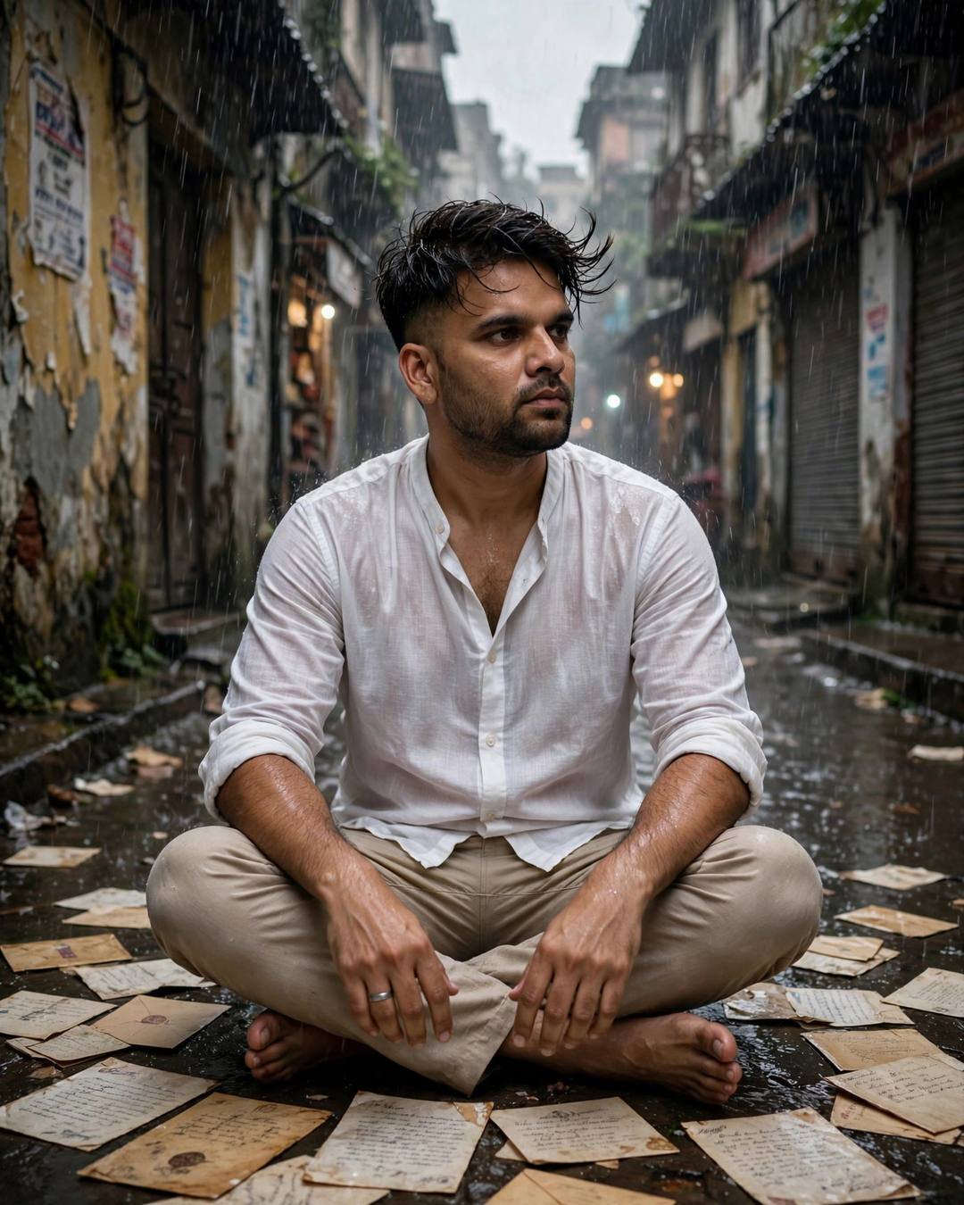 Young Indian man in a white linen shirt sitting cross-legged in a narrow old-city lane among old letters in heavy rain
