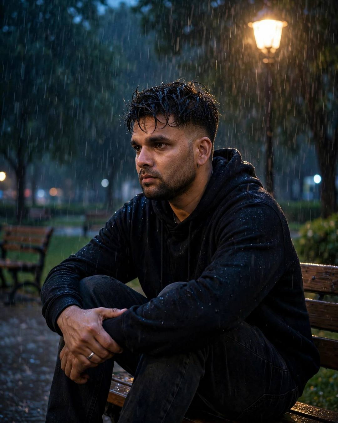 Young Indian man in a black hoodie sitting on a park bench under a glowing lamp in heavy rain at blue hour
