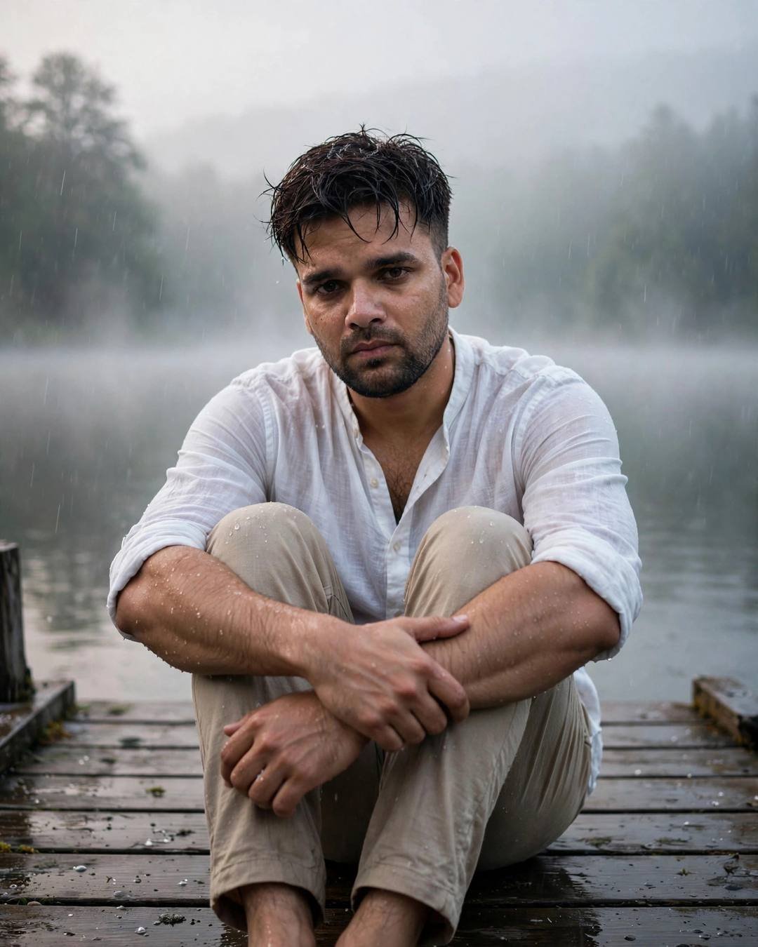 Young Indian man in a white linen shirt sitting on a foggy lake pier in drizzle at dawn, wistful portrait