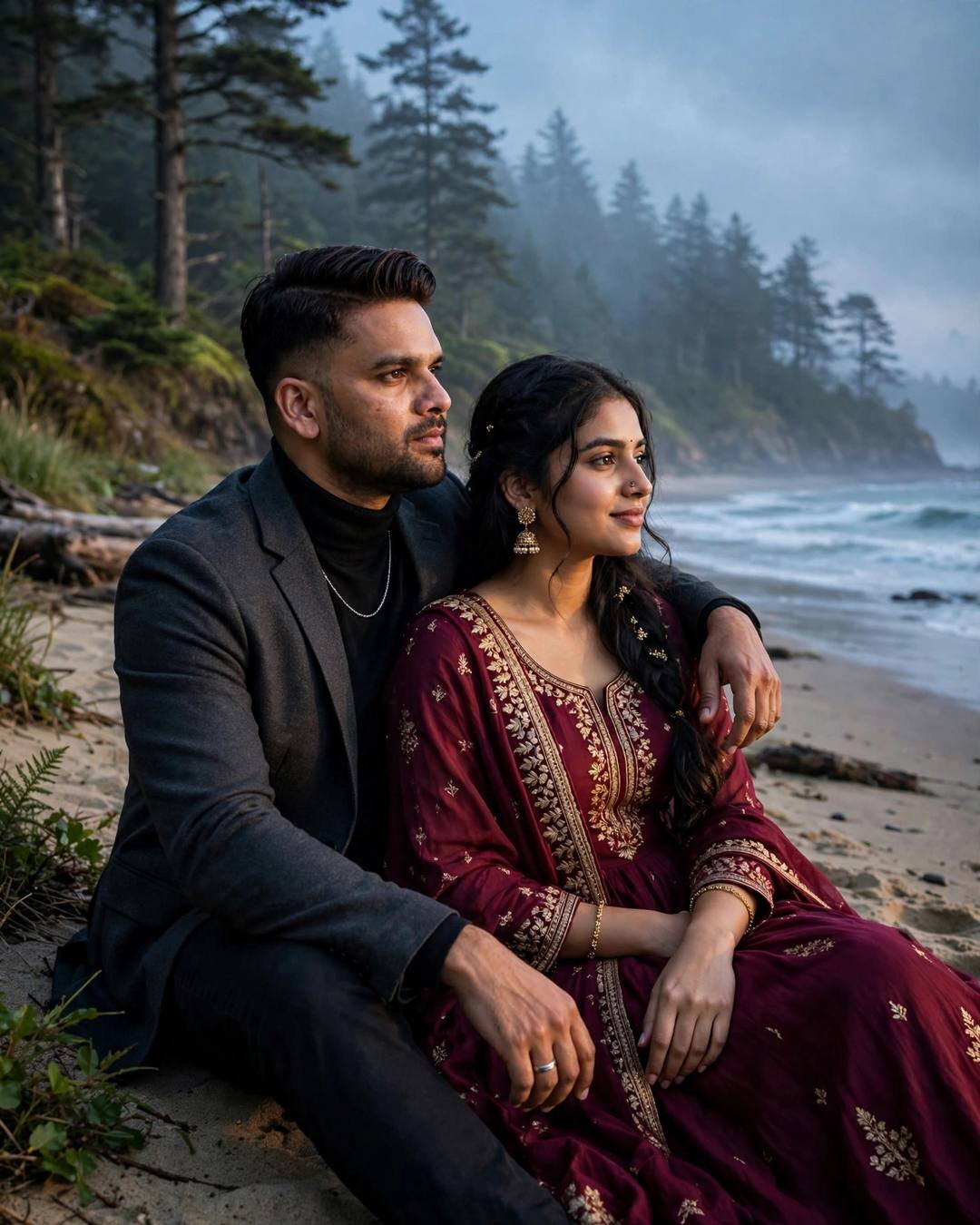 Couple sitting on a beach at blue hour, his arm around her, woman in maroon anarkali, misty pines behind